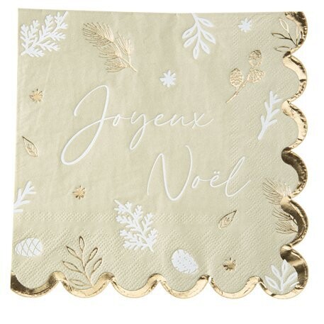 SERVIETTE IVOIRE "JOYEUX NOEL" BLANC ET LISERE OR 33CM (x16)