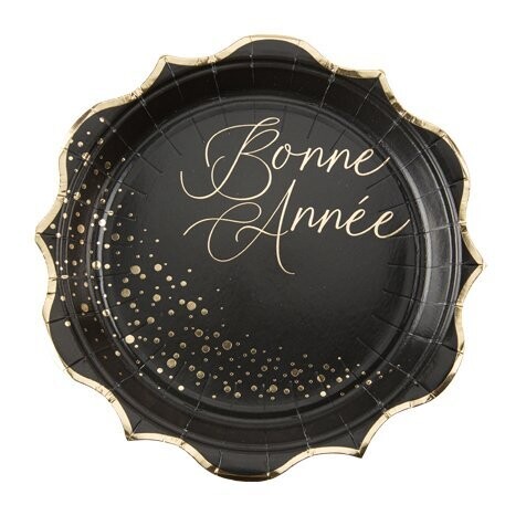 ASSIETTE NOIRE "BONNE ANNEE" ET ETOILES DORE 23CM (x8)