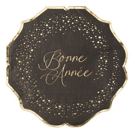 SERVIETTE NOIRE "BONNE ANNEE" ETOILES ET LISERE DORE 33CM (x16)