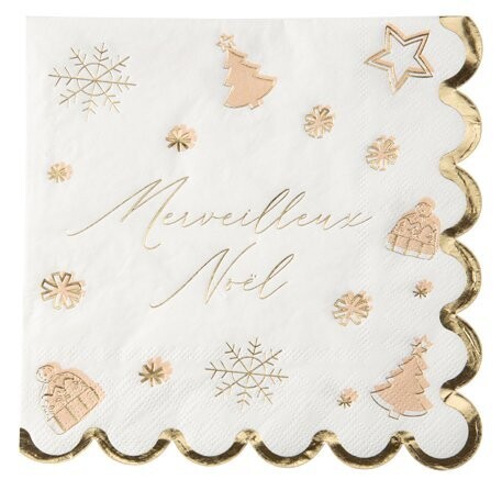 SERVIETTE BLANCHE "MERVEILLEUX NOEL" ET DESSIN DORE 33CM (x16)