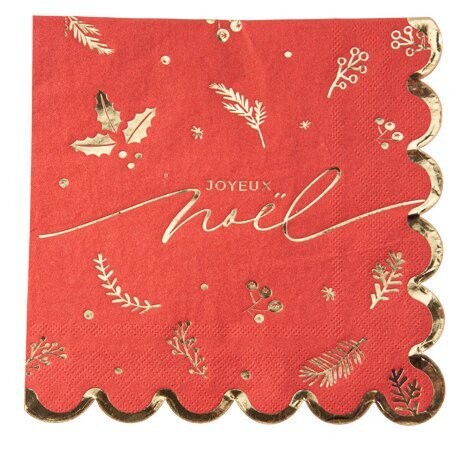 SERVIETTE ROUGE "JOYEUX NOEL" ET LISERE DORE 33CM (x16)