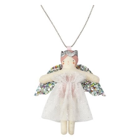 COLLIER PENDANTIF POUPEE ANGE OR ET PASTEL 15x7CM