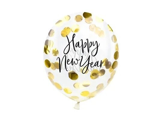 BALLON TRANSPARENT 27CM "HAPPY NEW YEAR" NOIR CONFETTIS OR (x3)