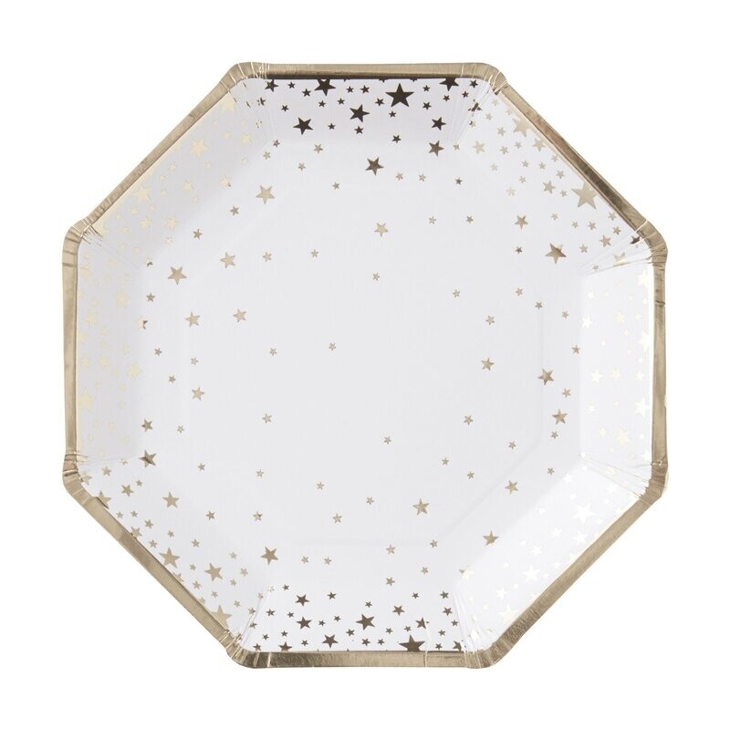 ASSIETTE HEXAGONALE BLANCHE ETOILES ET LISERE OR 23CM (x8)