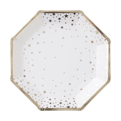 ASSIETTE HEXAGONALE BLANCHE ETOILES ET LISERE OR 23CM (x8)