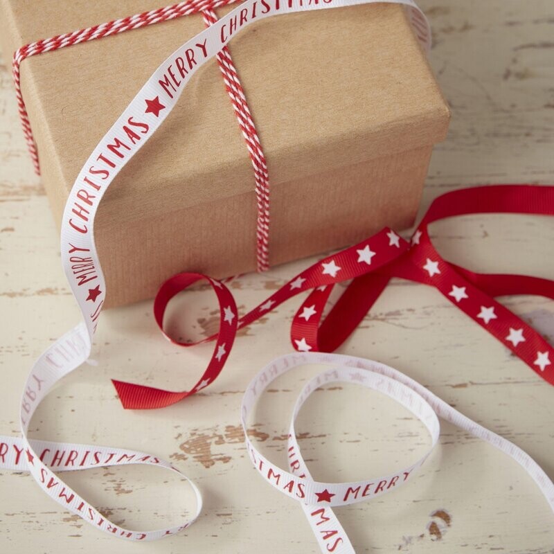 RUBAN ET FICELLE BLANC ET ROUGE MERRY CHRISTMAS 3x5M