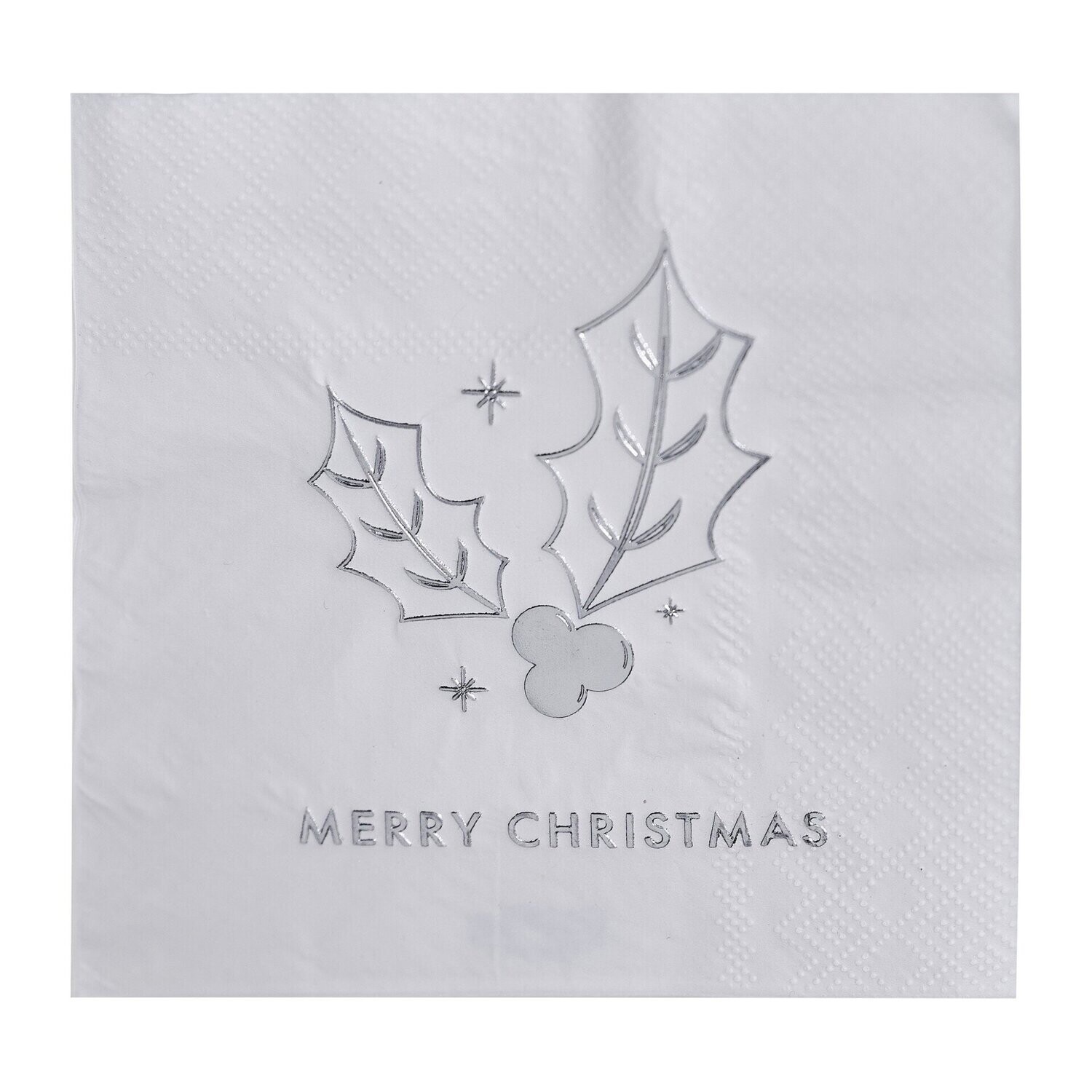 SERVIETTE COCKTAIL BLANCHE MERRY CHRISTMAS ET HOUX ARGENT 25CM (x16)