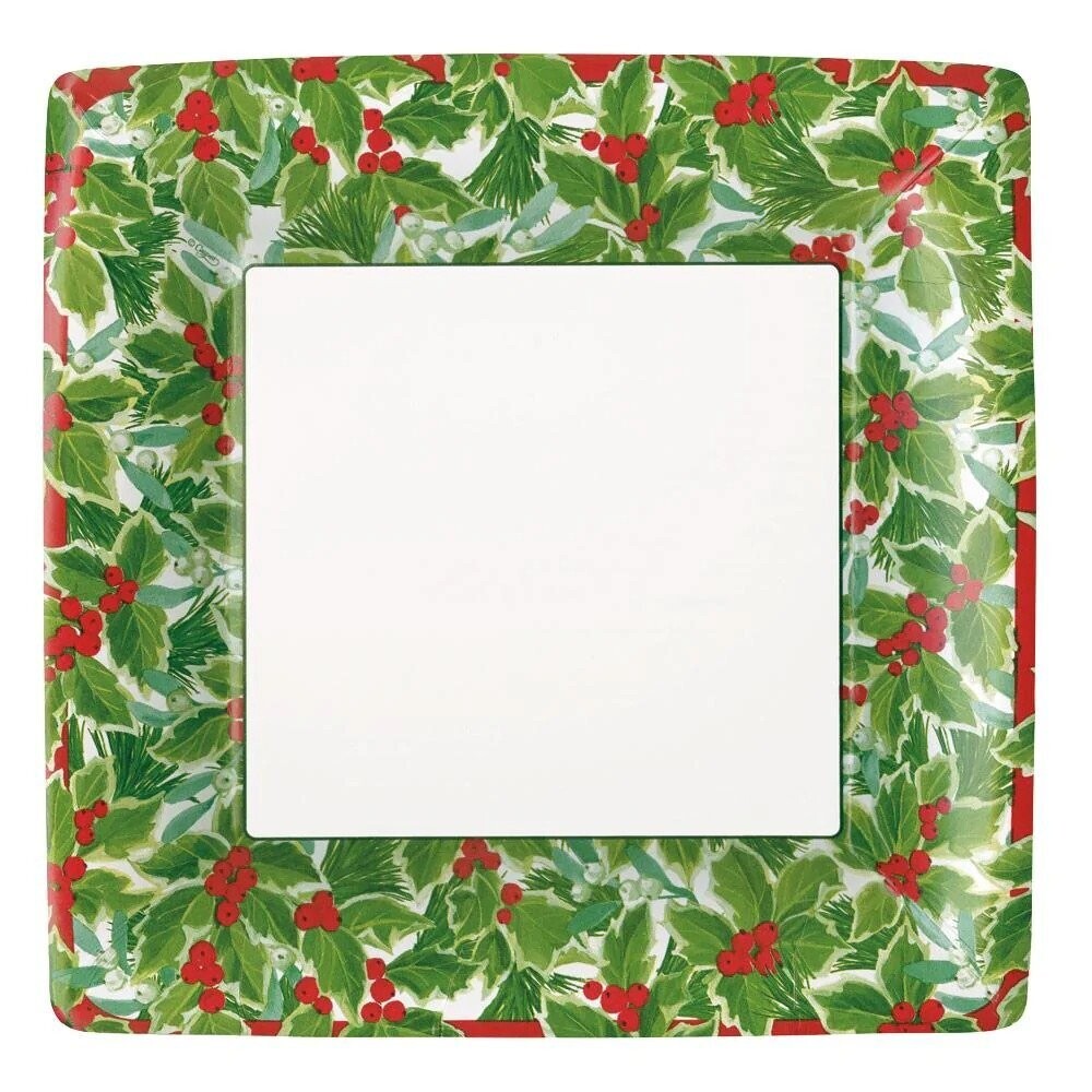 ASSIETTE CARREE BLANCHE HOUX VERT ET BAIES ROUGE 26CM (x8)