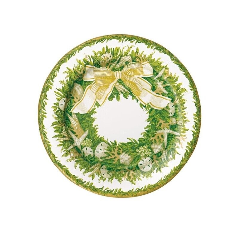 ASSIETTE RONDE BLANCHE, COURONNE VEGETALE , NOEUD IVOIRE ET DECOS MARINES 20CM (x8)