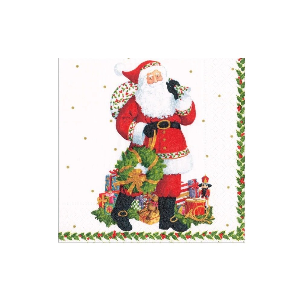 SERVIETTE COCKTAIL BLANCHE PERE NOEL ET GUIRLANDE VERTE 25CM (x20)