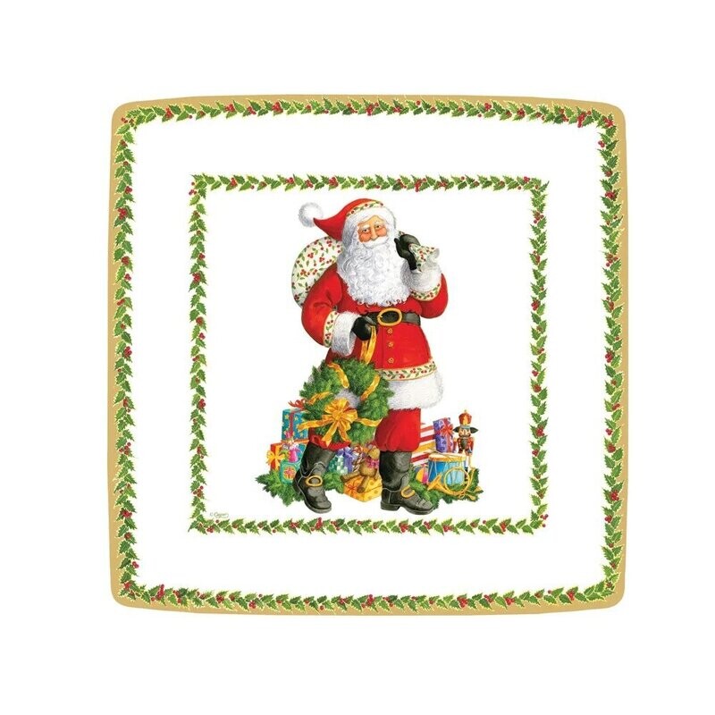 ASSIETTE CARREE BLANCHE PERE NOEL ET GUIRLANDES VERTES 18CM (x8)