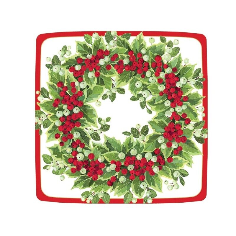 ASSIETTE CARREE COURONNE DE NOEL VERT ET ROUGE 18CM (x8)