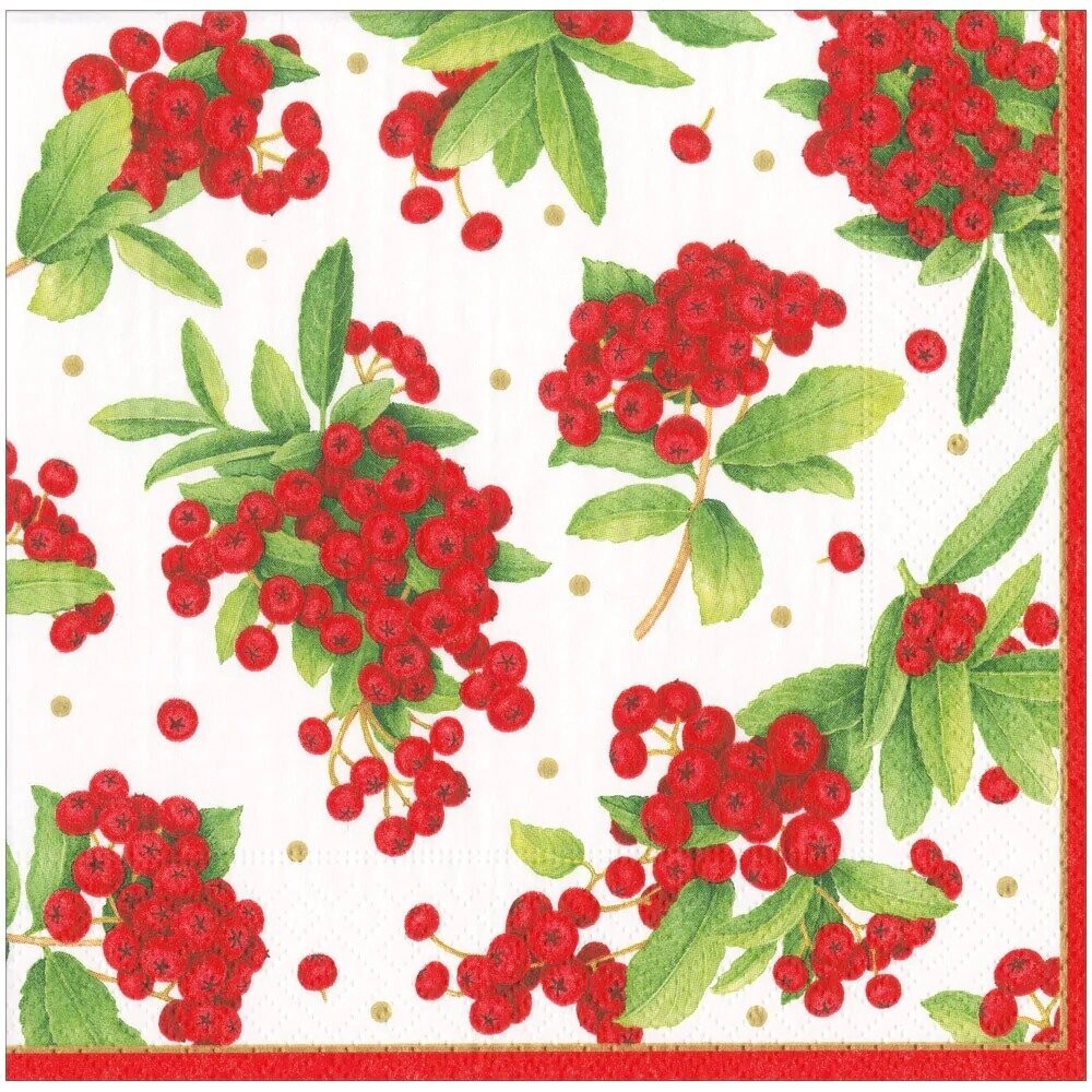 SERVIETTE BLANCHE LISERE ET BAIES ROUGES 38CM (20)