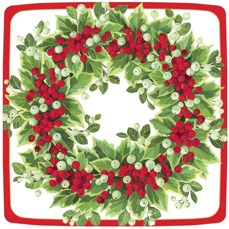 ASSIETTE CARREE COURONNE DE NOEL VERT ET ROUGE 26CM (x8)