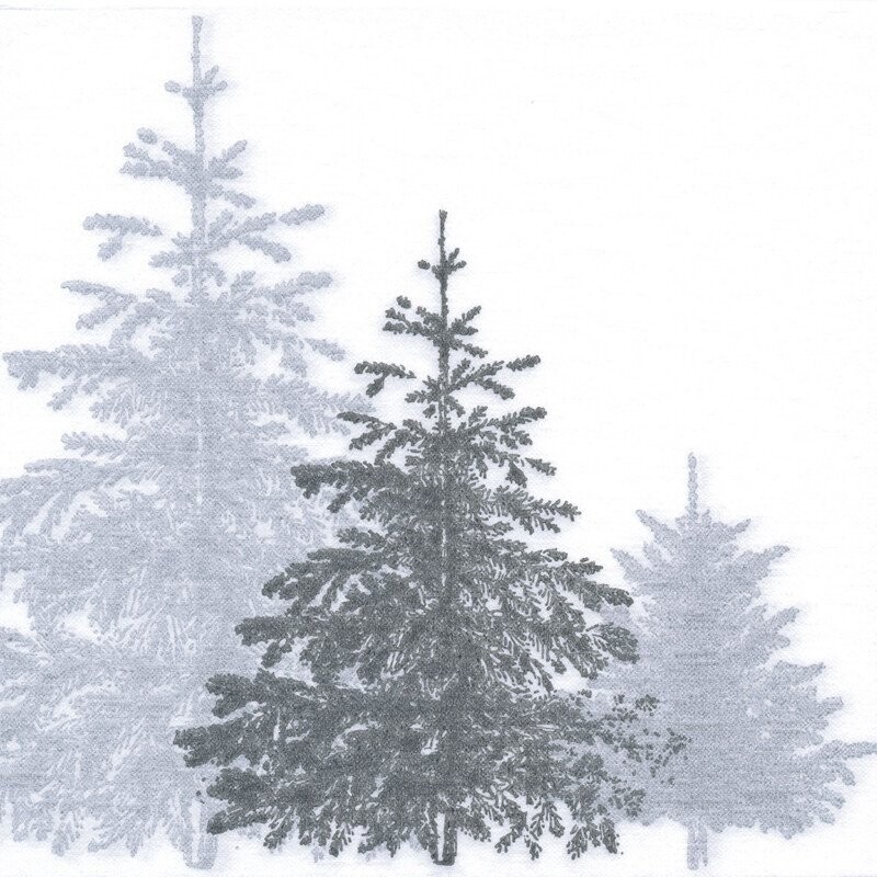 SERVIETTE COCKTAIL BLANCHE ET SAPINS DEGRADE DE GRIS 25CM (x20)