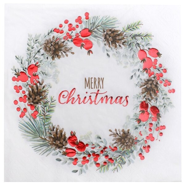 SERVIETTE "MERRY CHRISTMAS" ET COURONNE DE NOEL VERT ET ROUGE 33CM (x20)
