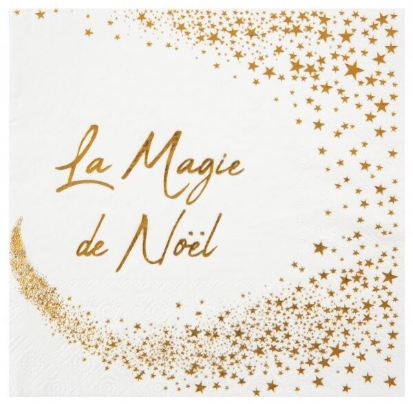 SERVIETTE BLANCHE "LA MAGIE DE NOEL" ET ETOILES DOREES 33CM (x20)