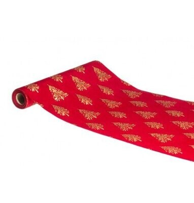 CHEMIN DE TABLE VELOURS ROUGE RUBIS SAPINS NOBLES OR 28CMx3M