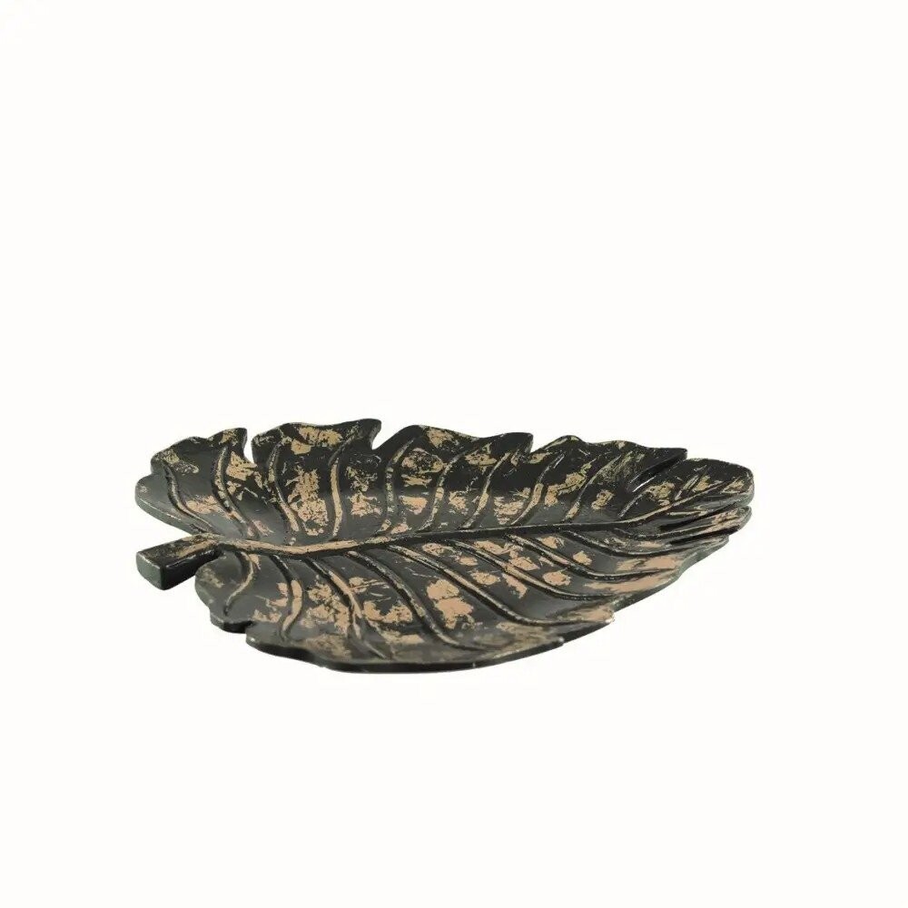 PLAT BOIS FEUILLE VERT ET OR 31X28X2CM