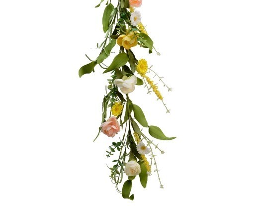 GUIRLANDE DE RENONCULES JAUNES ET ORANGES, MARGUERITE ET FEUILLAGE 1.50M