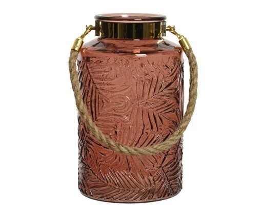 PHOTOPHORE VASE VERRE TEXTURE FEUILLAGE TERRACOTA ANSE CORDE 13x22CM