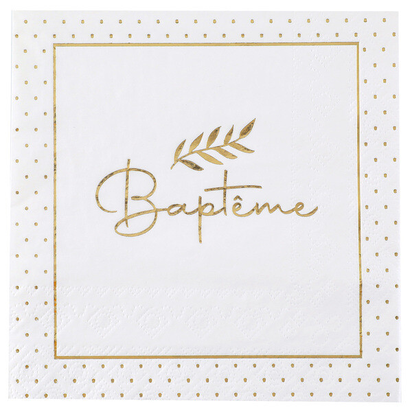 SERVIETTE BLANCHE BAPTEME ET LISERE DORE 33CM (x20)