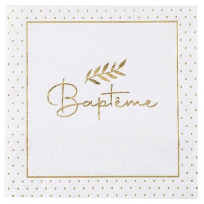 SERVIETTE BLANCHE BAPTEME ET LISERE DORE 33CM (x20)