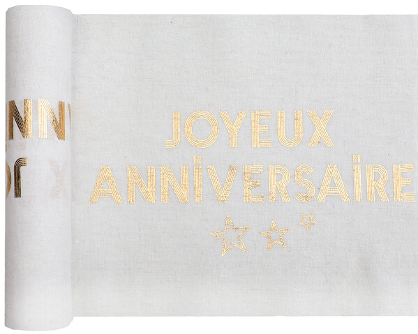 CHEMIN DE TABLE COTON "JOYEUX ANNIVERSAIRE" BLANC ET OR 28CMx3M