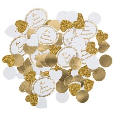 CONFETTIS "MON 1ER ANNIVERSAIRE" BLANC ET OR ASSORTIS 2 A 4CM (x100)