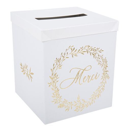 URNE CARREE BLANCHE "MERCI" ET COURONNE DORE 21x25CM