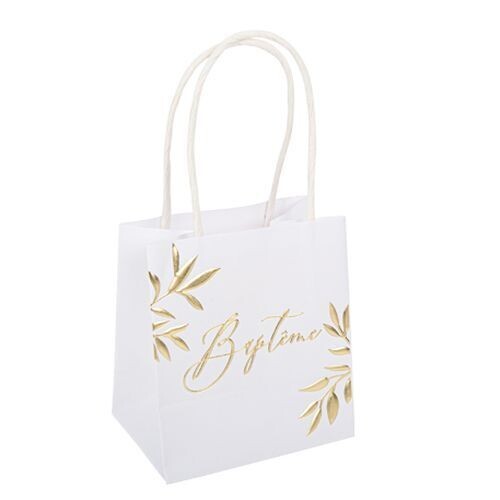 SAC A GOODIES "BAPTEME" JOLIS BRINS BLANC ET OR 10x11x7CM + ANSES (x6)