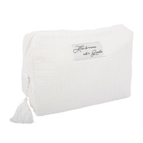 TROUSSE GAZE DE COTON BLANC 16x4x12CM "MERCI DE M'AVOIR AIDE A GRANDIR"