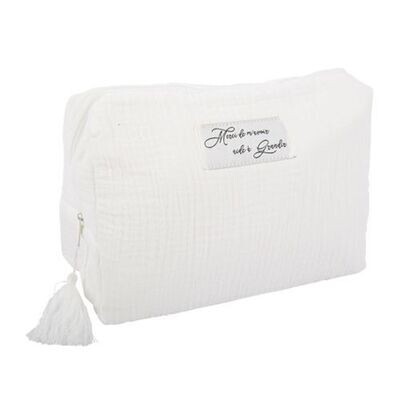 TROUSSE GAZE DE COTON BLANC 16x4x12CM "MERCI DE M'AVOIR AIDE A GRANDIR"