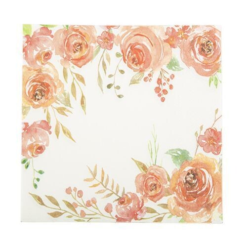 SERVIETTE ROMANTIC FLOWERS BLANCHE ET DEGRADE DE ROSES 33CM (x16)