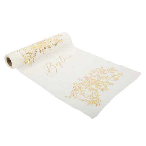 CHEMIN DE TABLE MOUSSELINE BLANCHE "BAPTEME" LISERE VEGETAL OR 28CMx5M