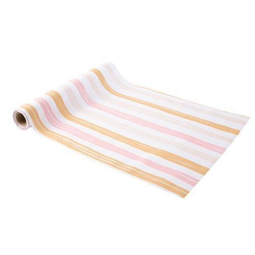CHEMIN DE TABLE TISSU BLANC RAYURES CAMEL ROSE ET BLUSH 28CMx5M