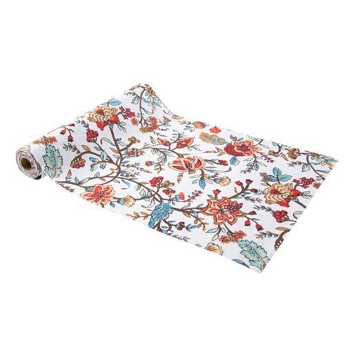 CHEMIN DE TABLE SUZY FLOWERS TISSU CORAIL TAUPE ET BLEU 28CMx5M