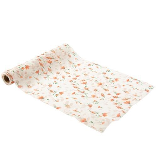 CHEMIN DE TABLE TISSU IVOIRE FLEURS VERTES ET PECHE 26CMx5M