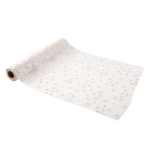 CHEMIN DE TABLE ORGANZA BLANC MARGUERITE PAILLETTES OR 28CMx5M