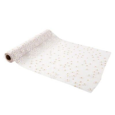 CHEMIN DE TABLE ORGANZA BLANC MARGUERITE PAILLETTES OR 28CMx5M