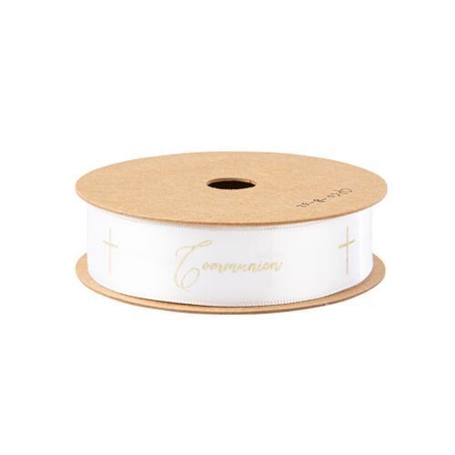 RUBAN SATIN "COMMUNION" ET CROIX BLANC ET OR 1.9CMx10M