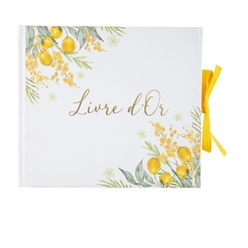 LIVRE D'OR MIMOSA CITRON FEUILLAGE ET OR 68 PAGES 22x19.5CM + RUBAN