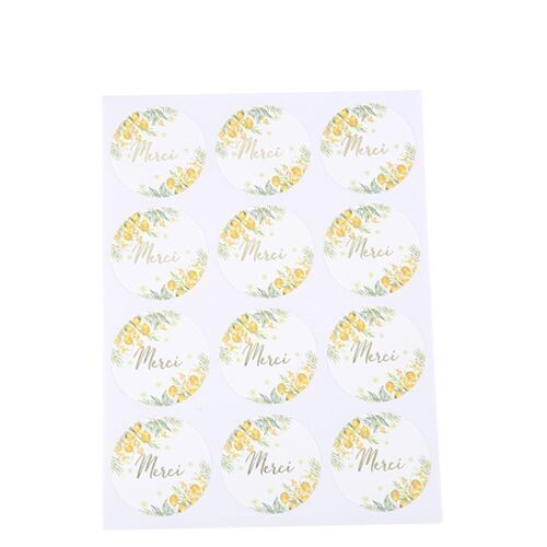 STICKERS MERCI MIMOSA CITRONS FEUILLAGES ET OR 5CM (x24)
