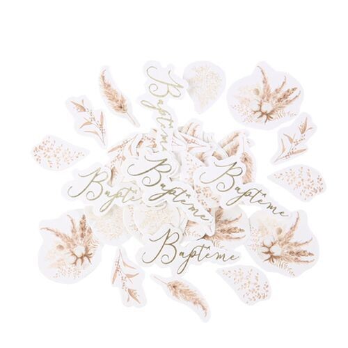 CONFETTIS BAPTEME PAMPA ET FLEURS DE COTON BLANC ET OR 3 A 6CM (x100)