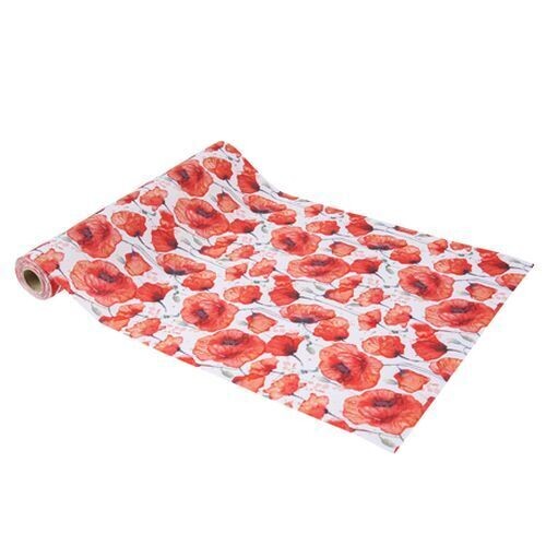 CHEMIN DE TABLE TISSU BLANC COQUELICOT ROUGE AQUARELLE 28CMx5M