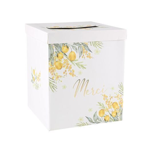URNE CARREE BLANCHE MERCI MIMOSA CITRONS ET FEUILLAGE 21x25CM