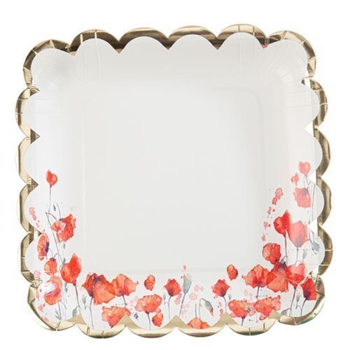 ASSIETTE COQUELICOT ROUGE AQUARELLE LISERE OR 23.5CM (x8)