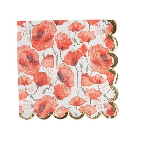 SERVIETTE COQUELICOT ROUGE AQUARELLE ET OR 33CM (x16)
