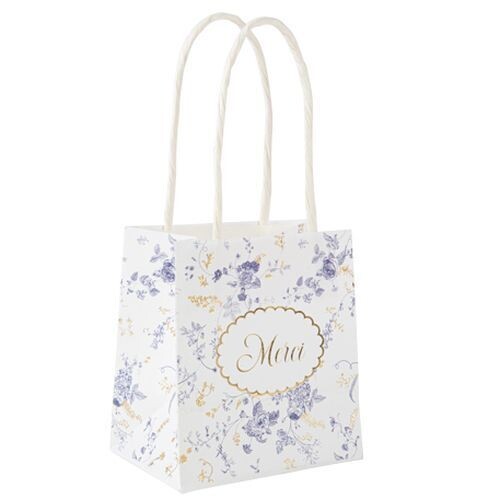 SAC A GOODIES TOILE DE JOUY MERCI BLANC BLEU ET OR 10x11x7CM (x6)