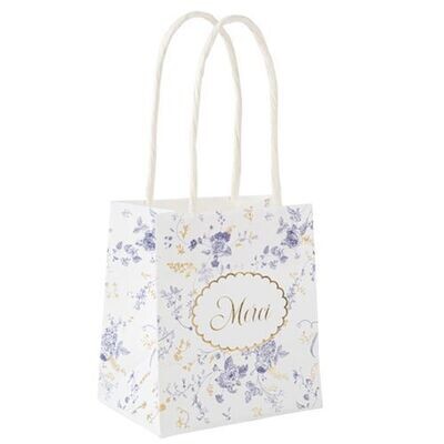 SAC A GOODIES TOILE DE JOUY MERCI BLANC BLEU ET OR 10x11x7CM (x6)